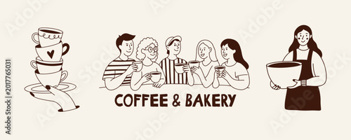 Hand drawn coffee and bakery illustration set with people and characters. Includes cups, croissants, donuts, muffins and drinks in minimal doodle style. Perfect for cafe menus, restaurant branding