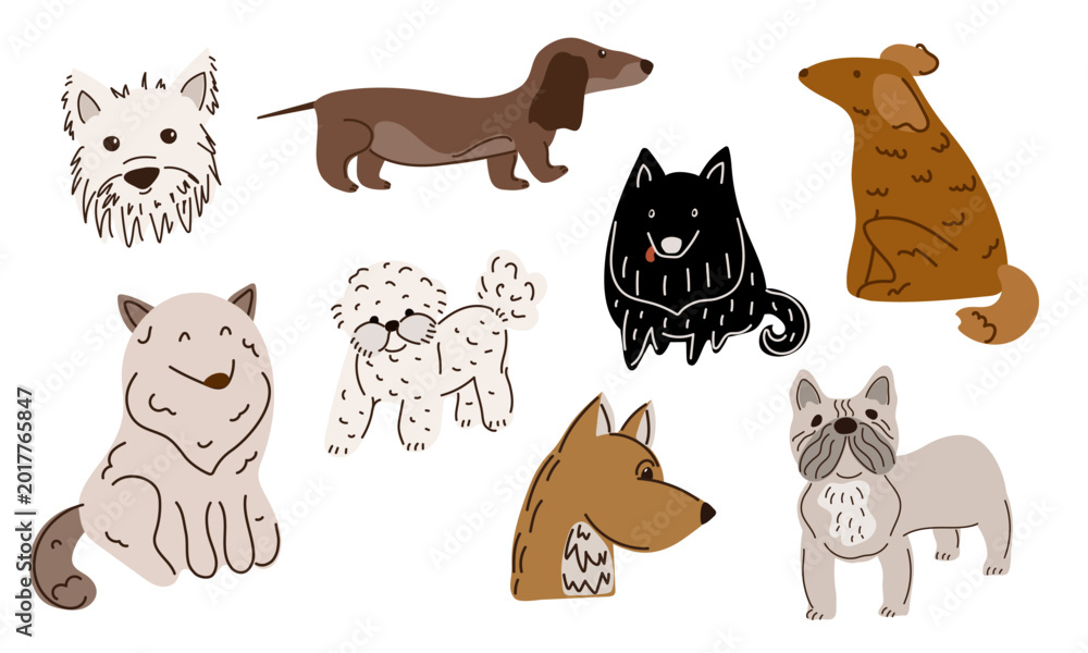 Fototapeta premium Dog breed set with cute puppies. Dachshund, French Bulldog, Bichon Frise, Terrier. Friendly pet sticker collection for baby nursery decor, kids card design, or animal shelter or pet shop poster