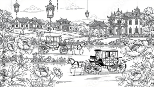 Canvastavla Vintage horse drawn carriage scene in a detailed black and white sketch