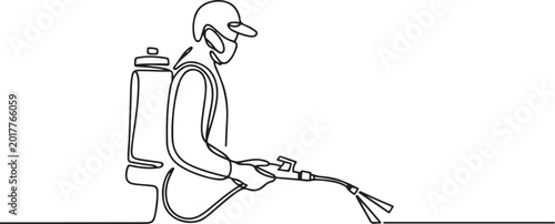 Foto Pest Control Vector, Pest control logo, sketch drawing of man doing pest control with full equipment