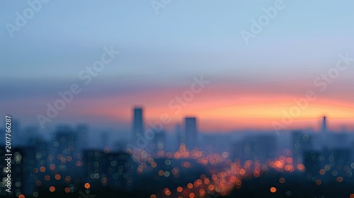 Soft focus city skyline at sunset with glowing lights and pastel sky