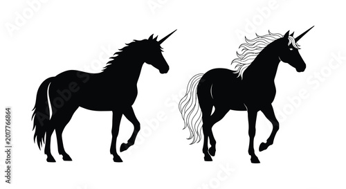 Foto Two unicorns in different poses black silhouette