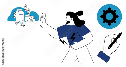 Foto Food allergies through a woman rejecting allergenic foods thumbs up fish and dairy