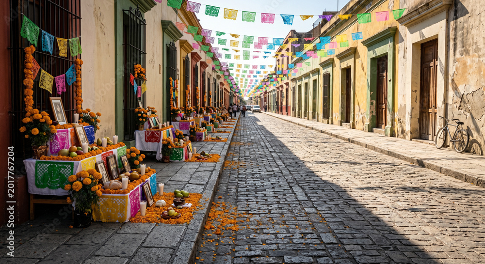 Fototapeta premium Colorful Day of the Dead Street Decorations with Traditional Ofrendas, Marigold Flowers, Candles, and Papel Picado in a Historic Mexican Town