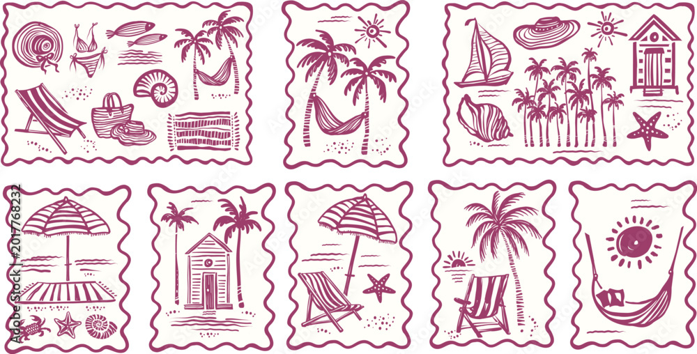 Obraz premium Hand drawn seaside vacation scenes and coastal summer elements