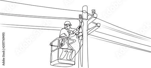 Power Infrastructure Maintenance: Electrician Repairing High-Voltage Lines - Vector Illustration, Electrical Utility Repair. one line Icon drawing
