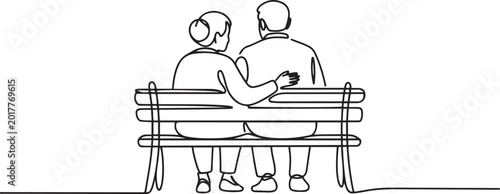 Old retired man and woman vector, old woman and man logo, sketch drawing of old couple sitting on park bench in relaxing pose behind view. one line Icon drawing