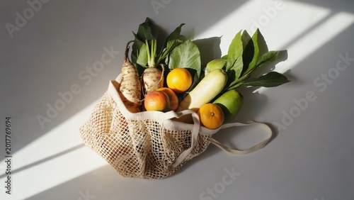 Fresh Organic Produce in Linen Bag - Root Vegetables, Citrus Fruits, Healthy Eating, Sustainable Lifestyle, Farm to Table Concept