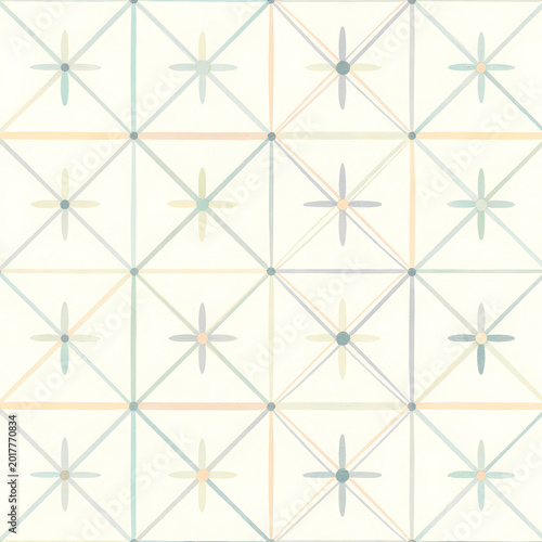 This artwork displays a seamless geometric pattern designed for tile fabric wallpaper. The pattern features soft shapes in pastel colors, arranged in an orderly fashion Generative AI