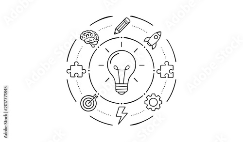 Photos Creative thinking and innovation icon set with central lightbulb and radial idea