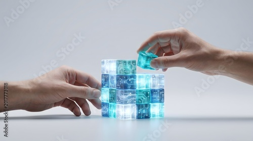 Human hands are building a structure out of glowing digital data cubes, representing the concepts of artificial intelligence, blockchain, and cloud computing, against a white background. AI generated.