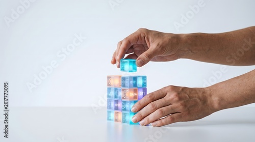 Human hands are building a structure out of glowing digital data cubes, representing the concepts of artificial intelligence, blockchain, and cloud computing, against a white background. AI generated.