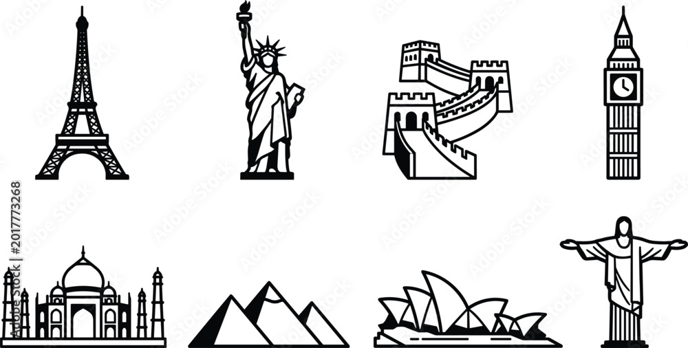 Obraz premium World Landmark Icon Set Featuring Eiffel Tower, Statue of Liberty, Great Wall, Big Ben, Taj Mahal, and Sydney Opera House