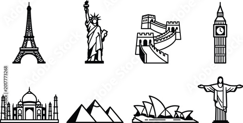 Cuadro en lienzo World Landmark Icon Set Featuring Eiffel Tower, Statue of Liberty, Great Wall, B