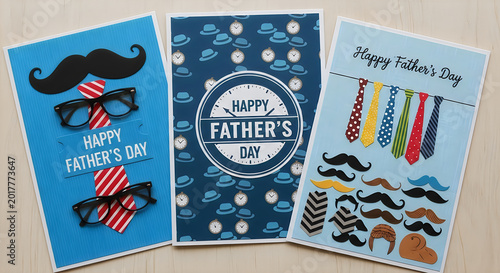 Three Happy Fathers Day cards with mustaches and accessories