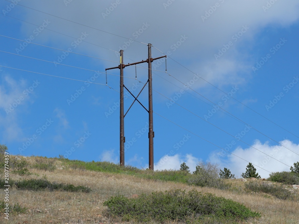 Fototapeta premium Power Lines and Utility Pole on Colorado Prairie Hillside