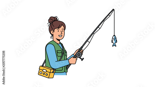 Woman holding fishing rod with fish.