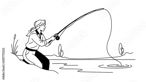 Woman fishing with a big catch.