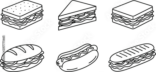 Photos Minimal Fast Food Sandwich Collection Featuring Burger Submarine Hotdog Toast and Snack Line Art Vector Illustration Set