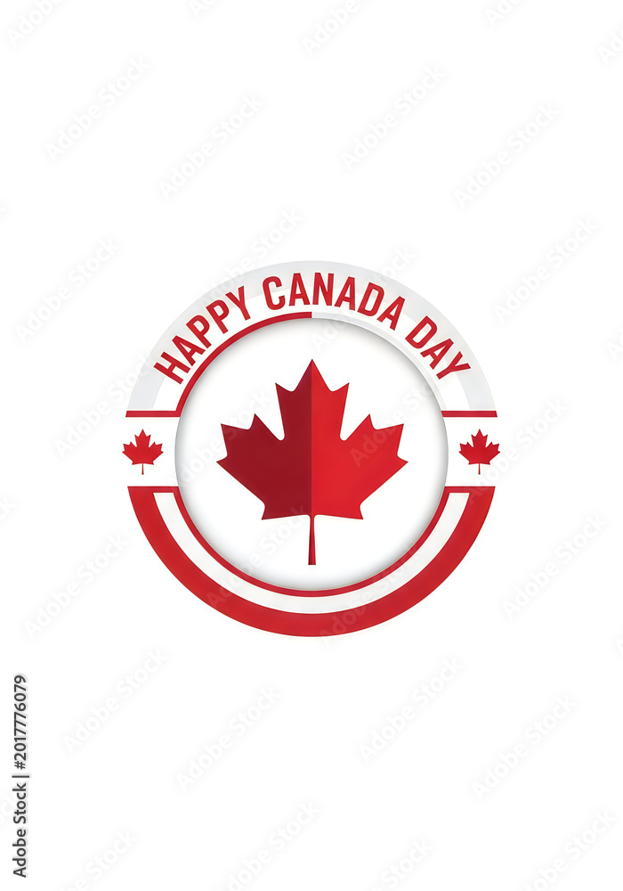 Fototapeta premium Happy Canada Day graphic badge with red maple leaf symbol.