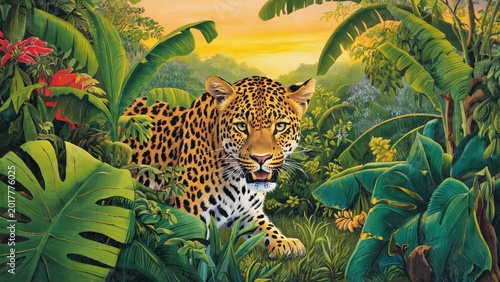 Majestic Leopard in Lush Jungle Habitat, Intense Gaze, Wildlife Portrait, Detailed Animal Photography, Tropical Ecosystem.