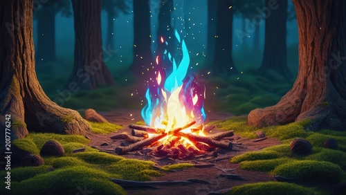 Cozy campfire burning brightly at night in a forest clearing, warm light illuminating surrounding nature, peaceful outdoor scene.