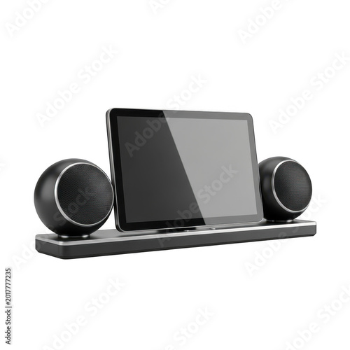 Black wireless speaker set with a tablet displaying music app