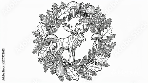 Bild auf Leinwand Detailed Illustration of a Majestic Moose Surrounded by a Wreath of Forest Elements