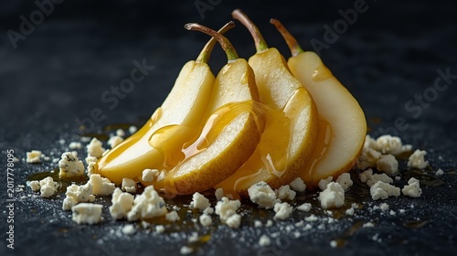 Juicy sliced pears drizzled with golden honey beside crumbled blue cheese on dark slate surface. Dramatic side lighting, premium gourmet aesthetic. Ideal for food, wine, and restaurant concepts.