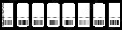 Fotografía Ticket stub icon collection featuring barcode labels, cinema passes, event coupons and admission tickets in flat vector style