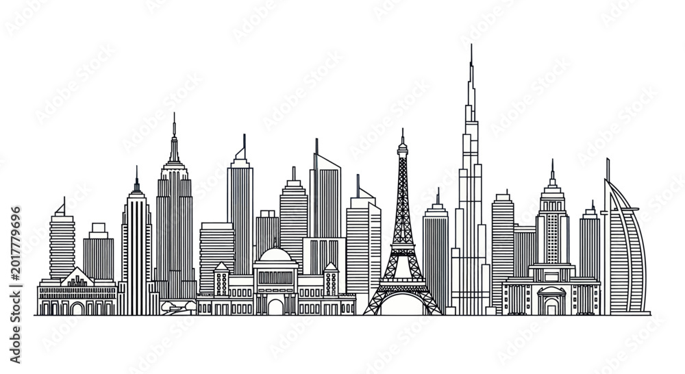 Obraz premium Modern City Skyline Silhouette - Famous Landmarks and Skyscrapers