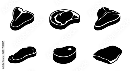 Foto Six Black Steak Icons, Vector Meat Cuts Collection, Butcher Shop Food Graphics