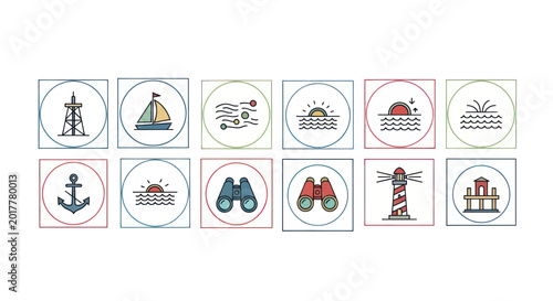 Schilderij op canvas Nautical Icon Set: Lighthouse, Sailboat, Anchor, Binoculars, Sunset, Port