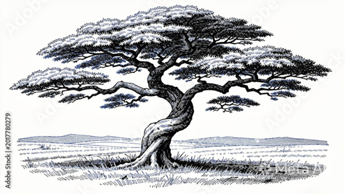 Detailed Black and White Illustration of an Ancient Bonsai Tree.