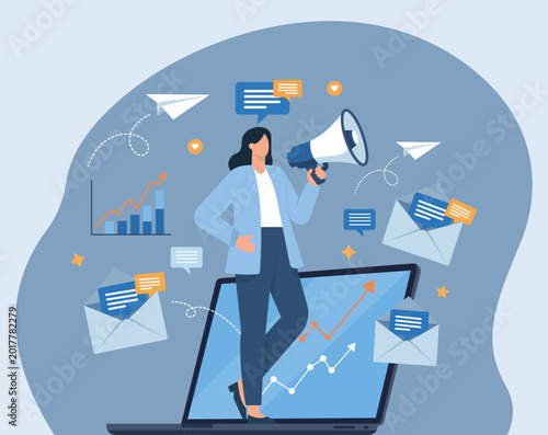 Digital Marketing Woman Announcing Campaign From Laptop, Email Marketing, Social Media Promotion, Business Growth, Online Advertising, Content Strategy