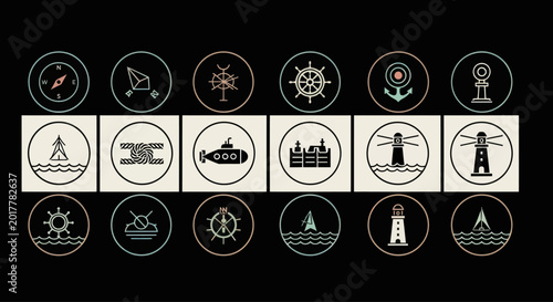 Obraz na płótnie Nautical Icons Set: Compass, Ship Wheel, Lighthouse, Anchor, Submarine