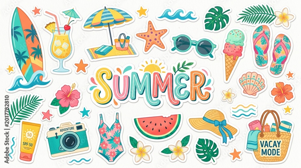 Obraz premium Summer Beach Sticker Set with Tropical Icons, Surfboard, Swimwear, and Vacation Elements for Seasonal Travel Branding and Scrapbooking