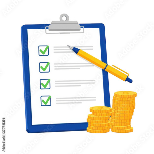 A checklist with a pen and gold coins on a clipboard