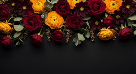 Elegant floral border with red roses, yellow ranunculus, and dark cosmos flowers on a premium black background with copy space.