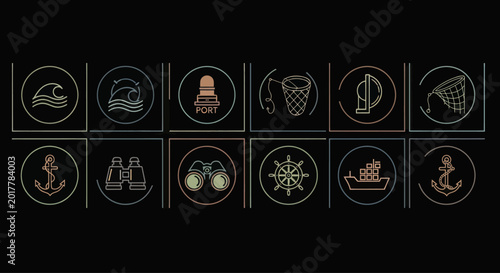 Nautical Icons Set: Marine, Shipping, and Ocean Symbols on Black Background