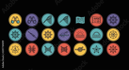 Nautical Icons Set: Maritime Symbols and Adventure Elements on Dark Background