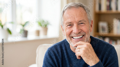 Man smiling with bright teeth at home after dental whitening process. Natural teeth are showcased in candid lifestyle moment of joy.