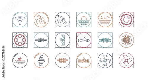 Foto Nautical Icons Set: Maritime Symbols, Ocean, Travel, and Safety Elements