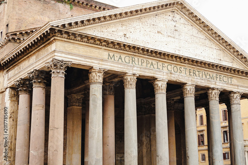 Photos Front view of the Pantheon in Rome with ancient inscription and Corinthian colum
