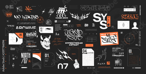 Futuristic streetwear graphic assets bundle in cyberpunk & Y2K style. Streetwear vector graphic - HUD, Brutalism, geometric shapes, lettering, labels, typeface for typography, merch, t-shirt. Vector