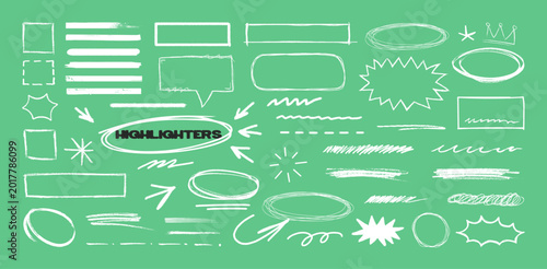 Hand Drawn Highlight Doodle Elements. White chalk-style arrows, circles, highlighters, frames, underlines, bursts. Scribble marks on a mint green background for notes, planners  social graphic. Vector