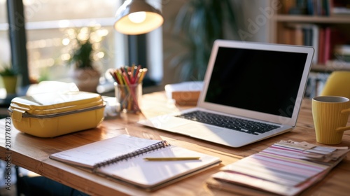 Cozy home desk with laptop notebook, lamp, coffee, freelance writer planning morning notes, warm sunlight, organized stationery, bookshelves, yellow container, natural wood desk, calm productive