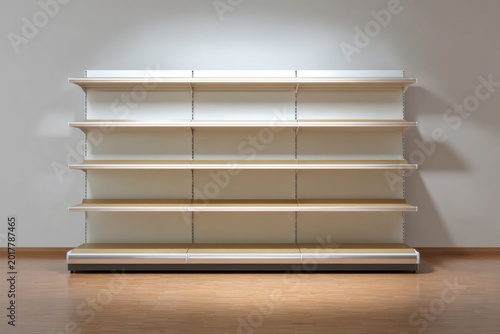 A store shelf stands empty against a plain background, with clean lines showing a simple and organized layout in a retail environment
