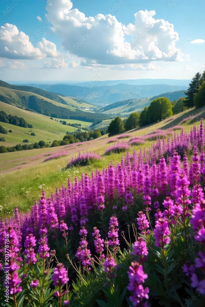 Fototapeta premium Vast expanse of purple heather in full bloom under a summer sky, wildflowers dotting the landscape Rolling hills create a breathtaking panorama of natural beauty , sky, hills