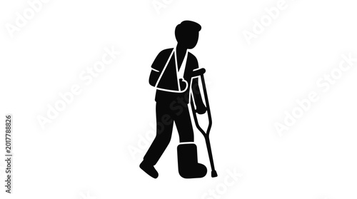 Bilde på lerret injured person silhouette with crutches and cast on white background